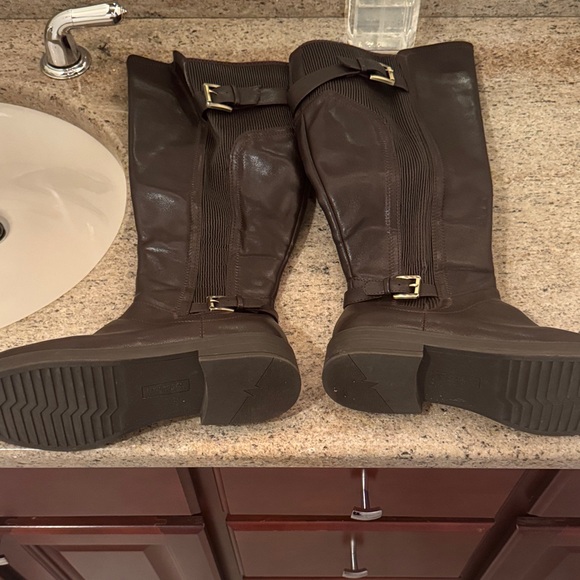 Brown Knee-High Boots with Buckle Detail - Picture 1 of 2
